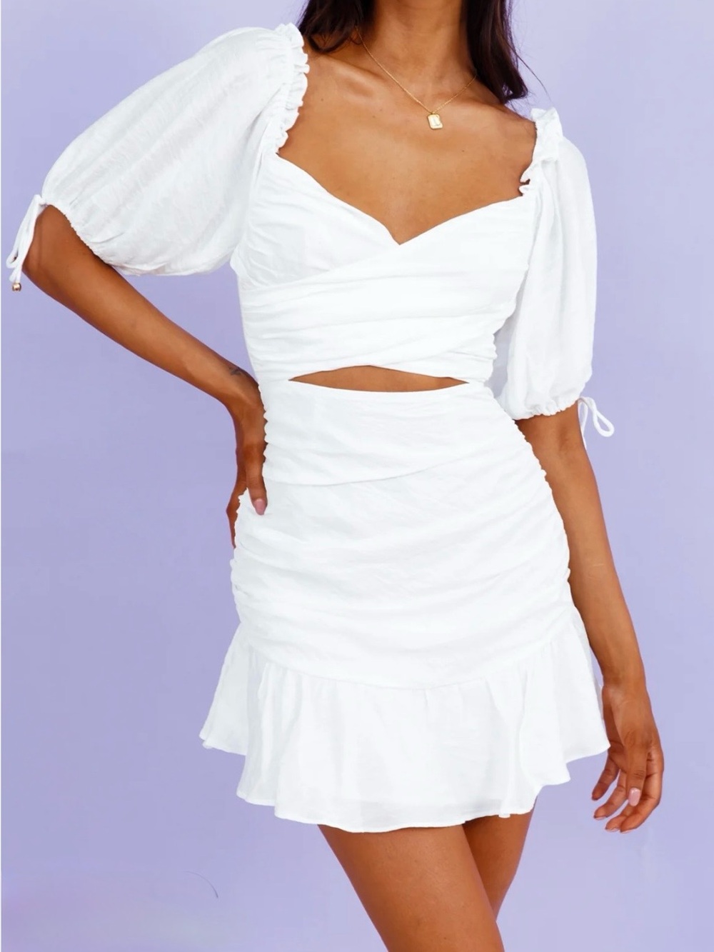 White Cutout Puff Sleeve Mini Dress